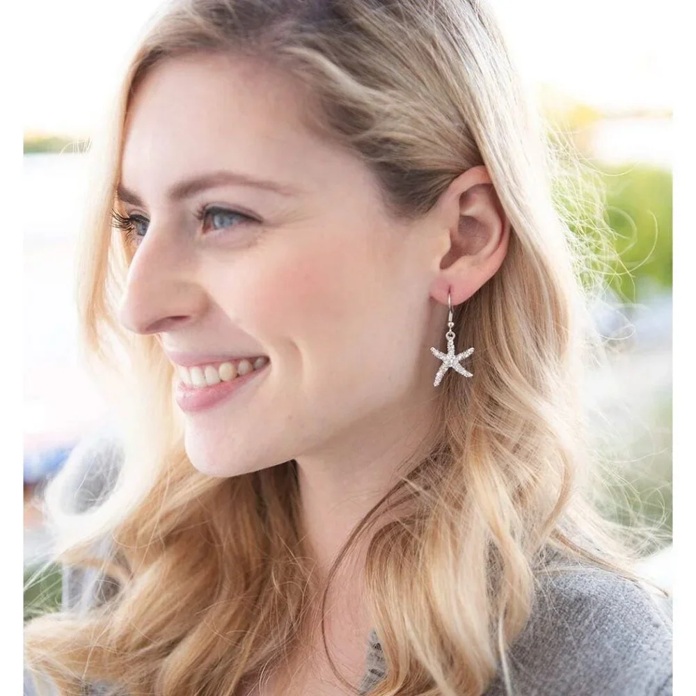 Women's Silver Starfish 1.25 Inches Clear Crystal Dangle Glass Base Earrings